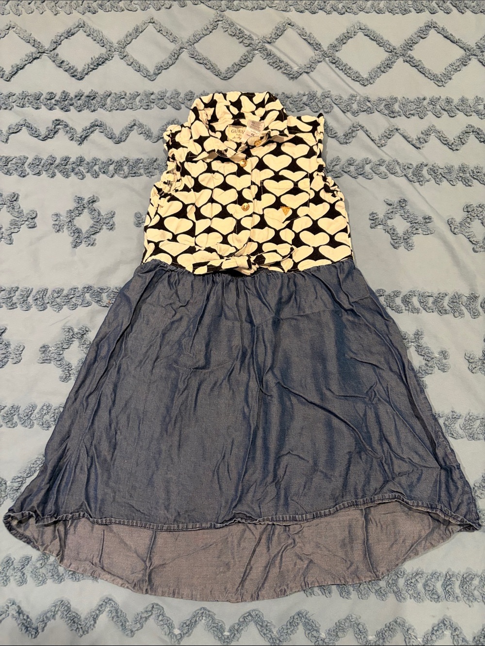 Guess Girls Heart Print Tank Dress - Black & White with Blue Chambray Skirt